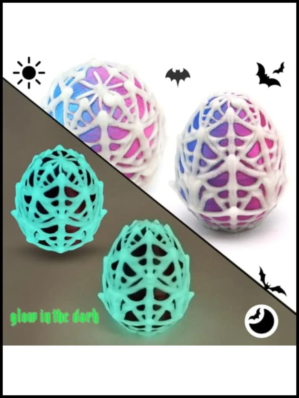 3D Printed Glow in the Dark Spider Egg Toy with 10 Spiders